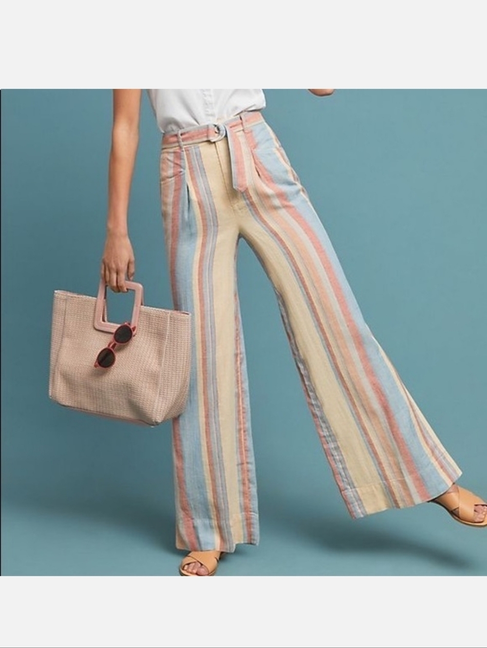 NWT Anthropologie Wide Leg Linen/Cotton Striped Pants Yellow Blue Orange Red Sz4